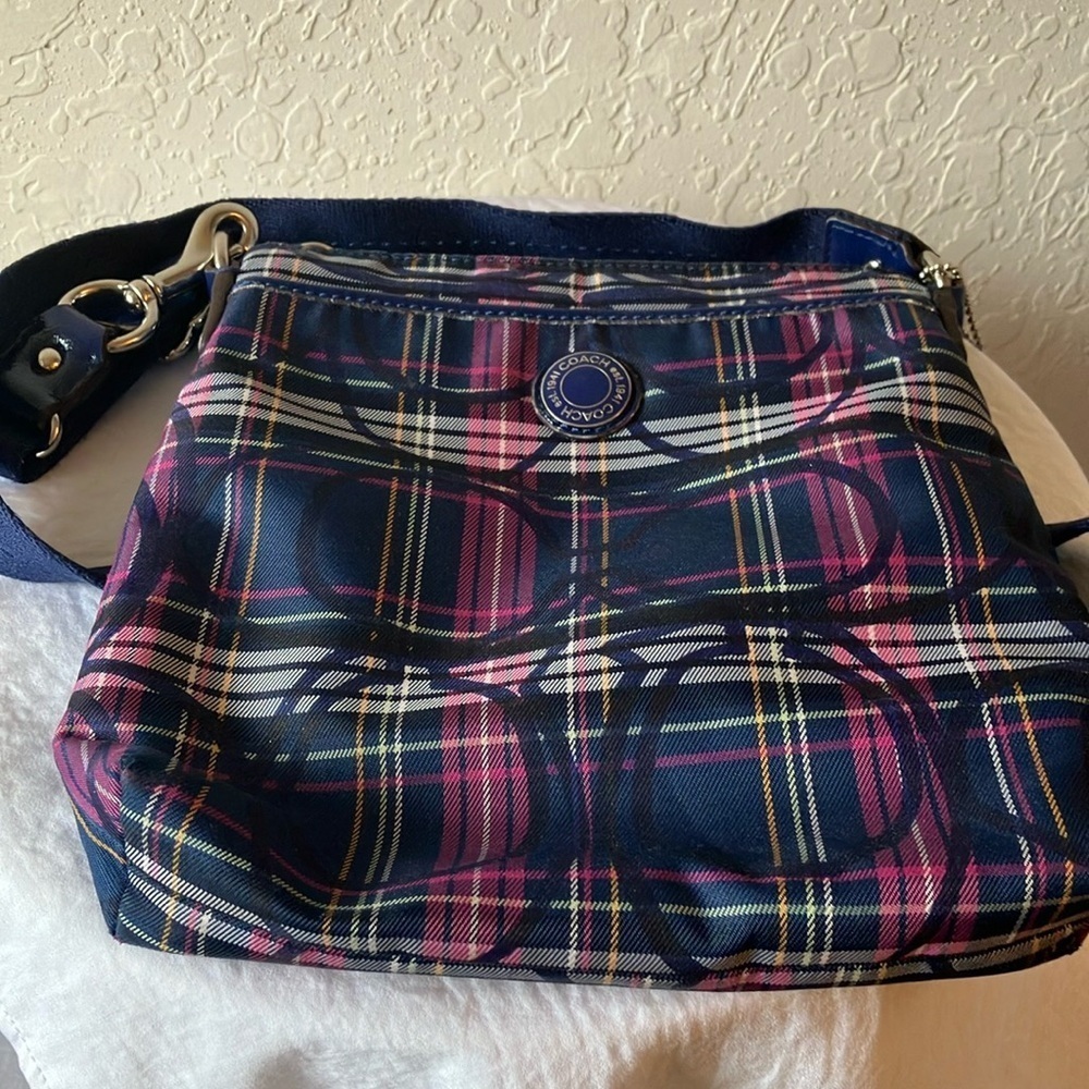 Coach: Navy & Pink Tartan Plaid Crossbody Bag- Silver Tone - Picture 15 of 16